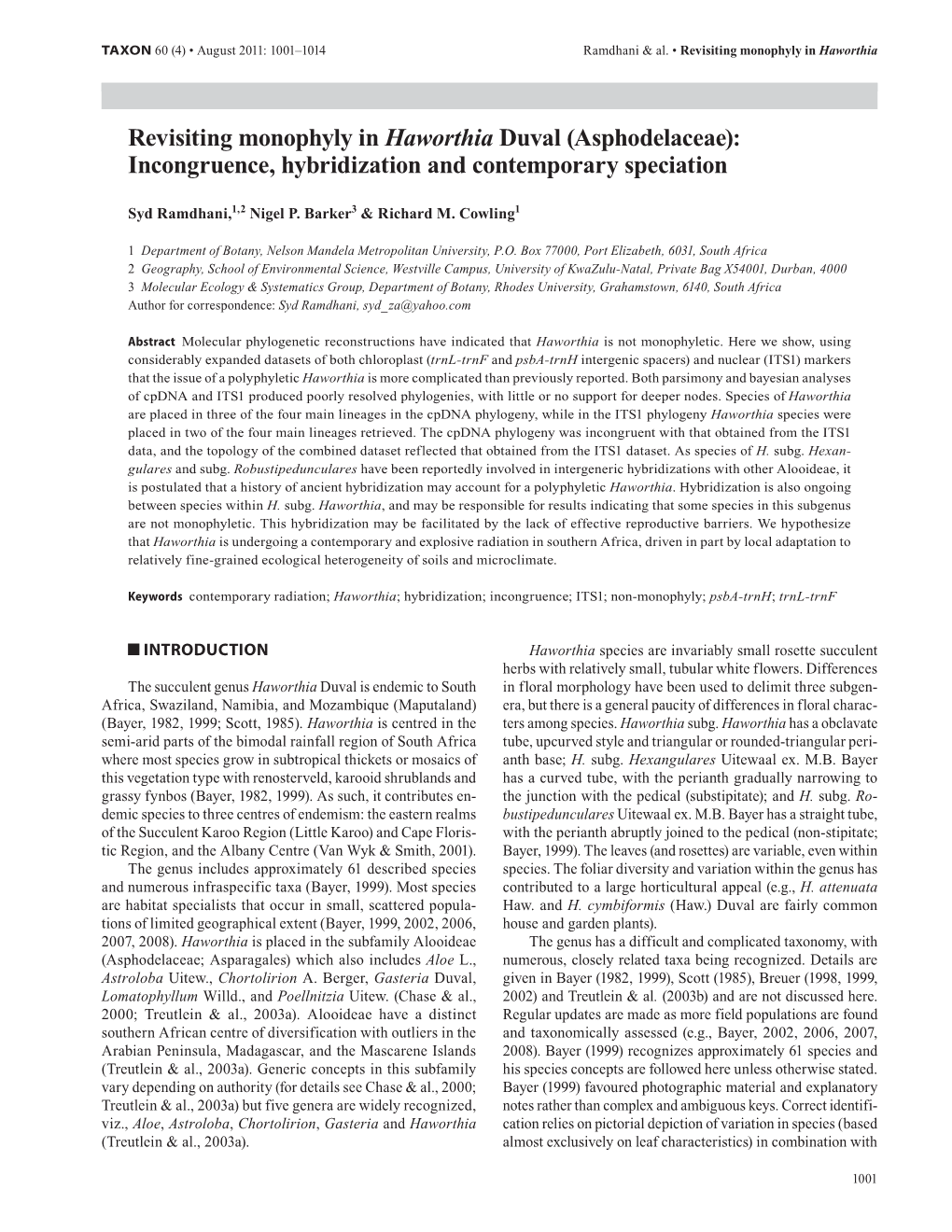 Revisiting Monophyly in Haworthia Duval (Asphodelaceae): Incongruence, Hybridization and Contemporary Speciation