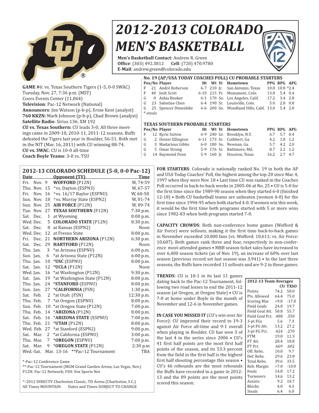 CU-Texas Southern Game Notes.Indd