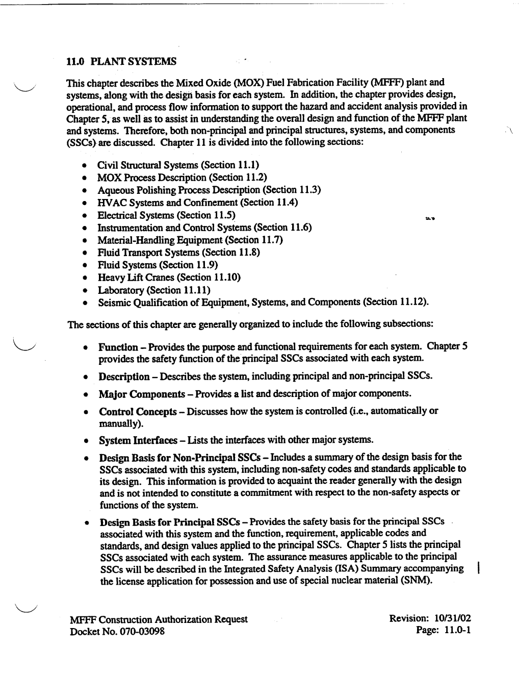 MFFF Construction Authorization Request Revision: 10/31/02 Docket No