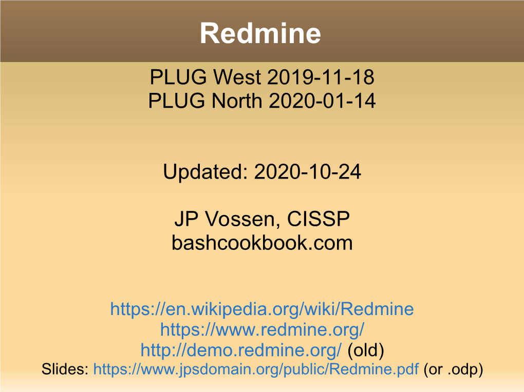 Redmine PLUG West 2019-11-18 PLUG North 2020-01-14