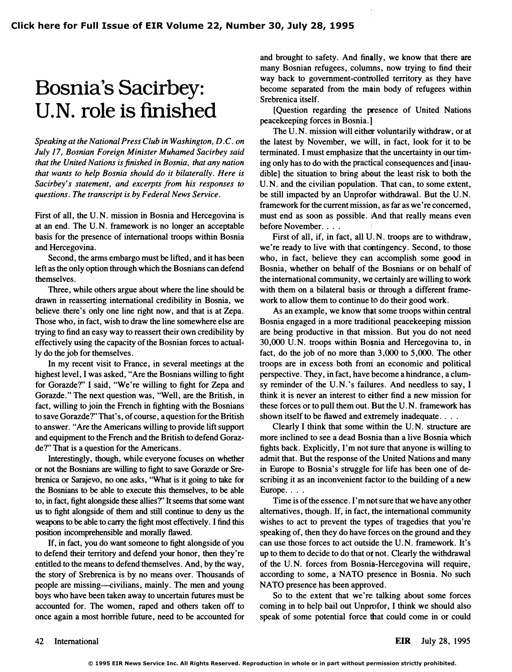 Bosnia's Sacirbey: UN Role Is Finished