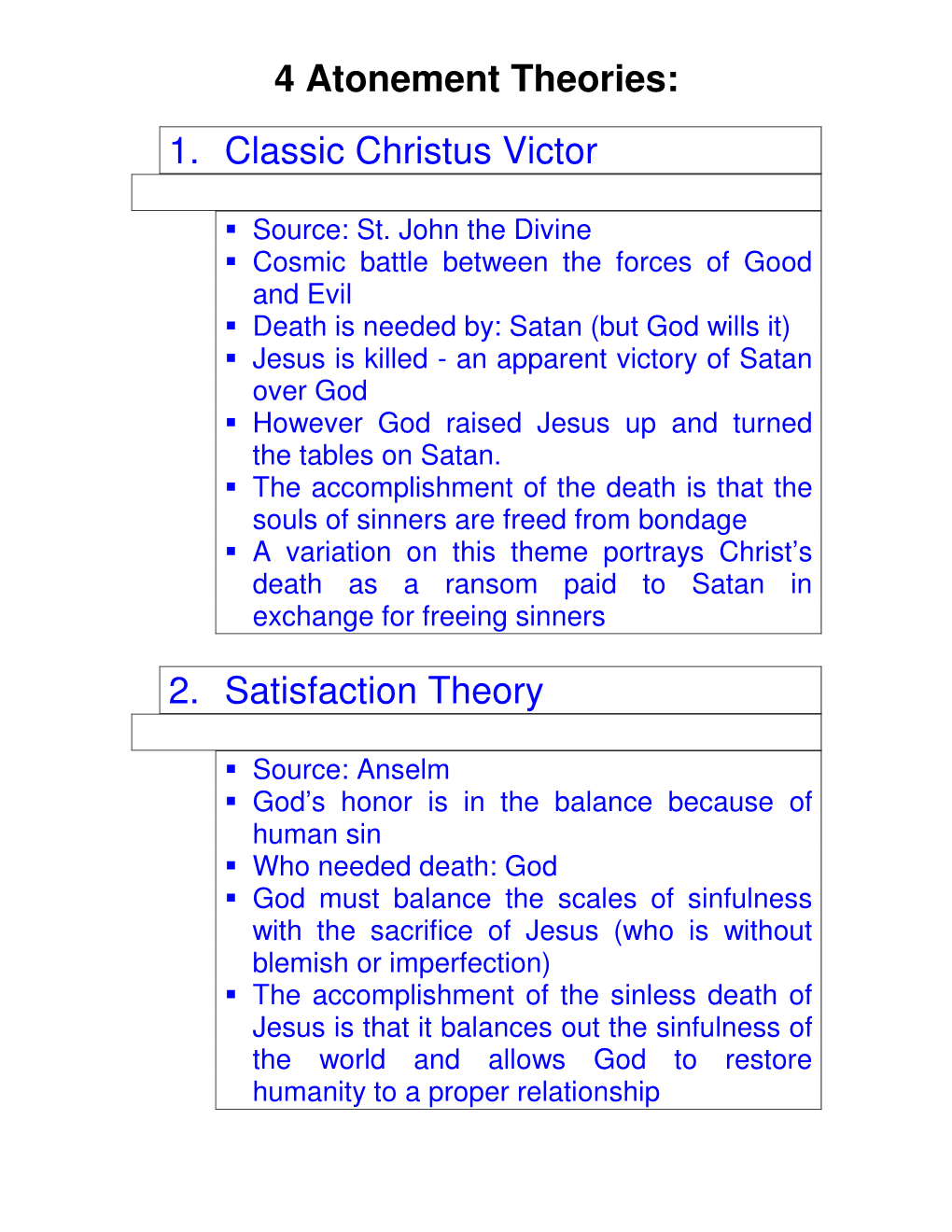 4 Atonement Theories: 1. Classic Christus Victor 2. Satisfaction Theory