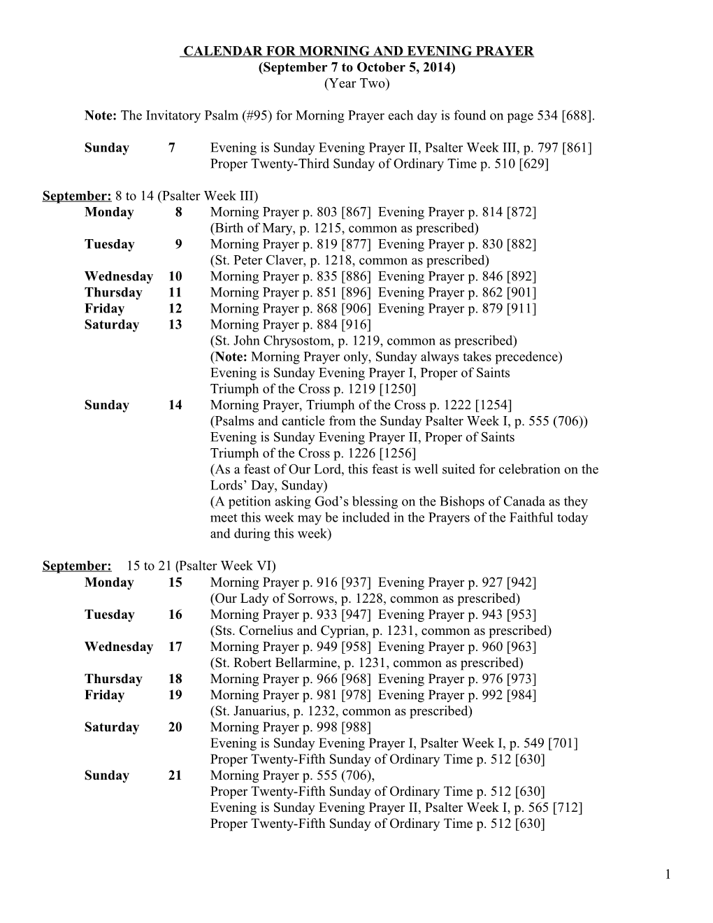 Calendar for Morning and Evening Prayer