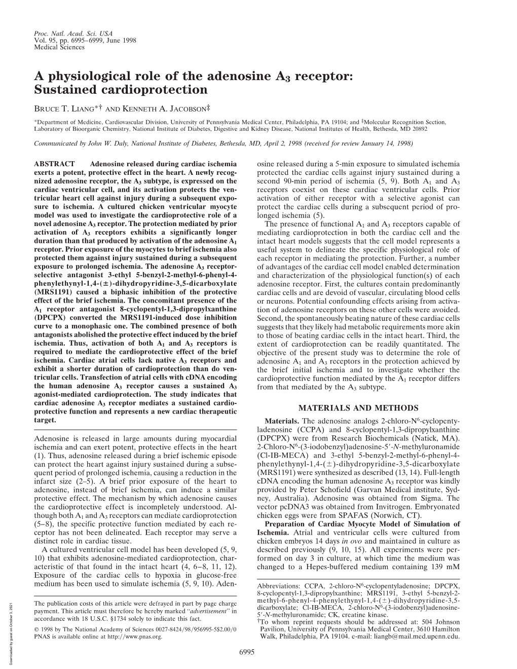 A Physiological Role of the Adenosine A3 Receptor: Sustained Cardioprotection