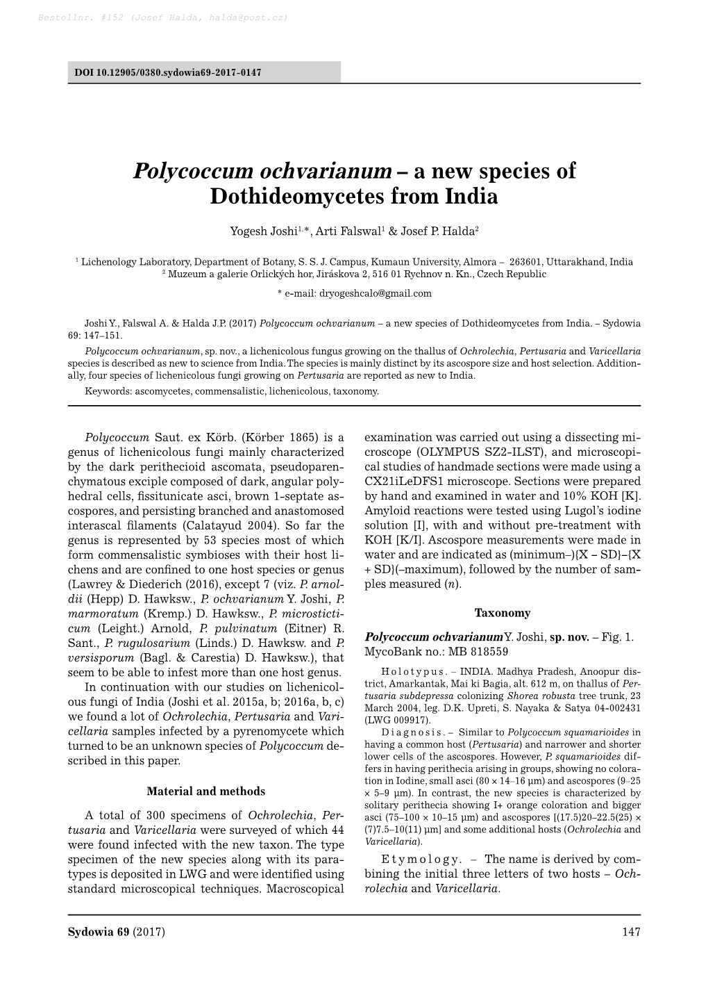 Polycoccum Ochvarianum – a New Species of Dothideomycetes from India