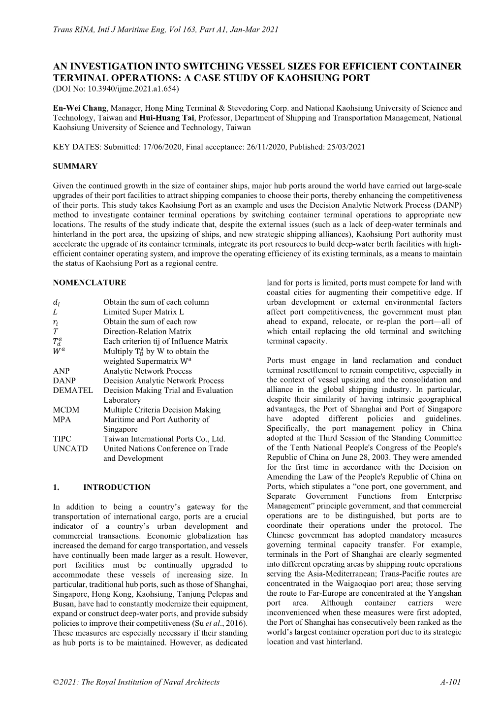 A CASE STUDY of KAOHSIUNG PORT (DOI No: 10.3940/Ijme.2021.A1.654)