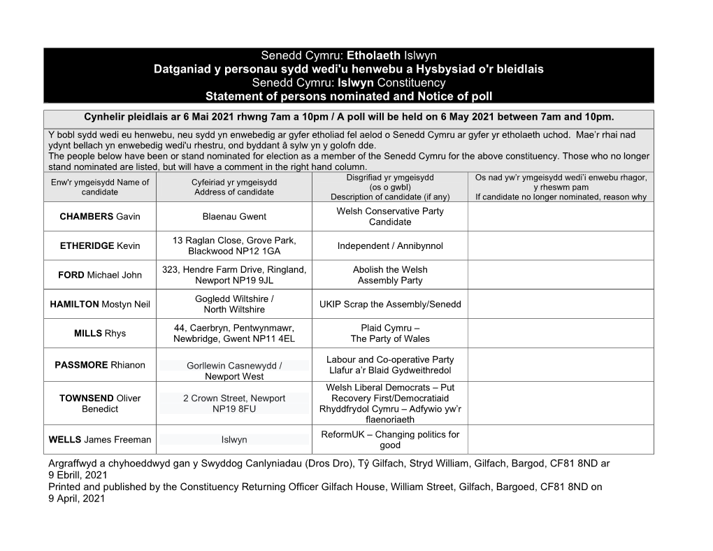 Senedd Cymru: Etholaeth Islwyn Datganiad Y Personau Sydd Wedi'u