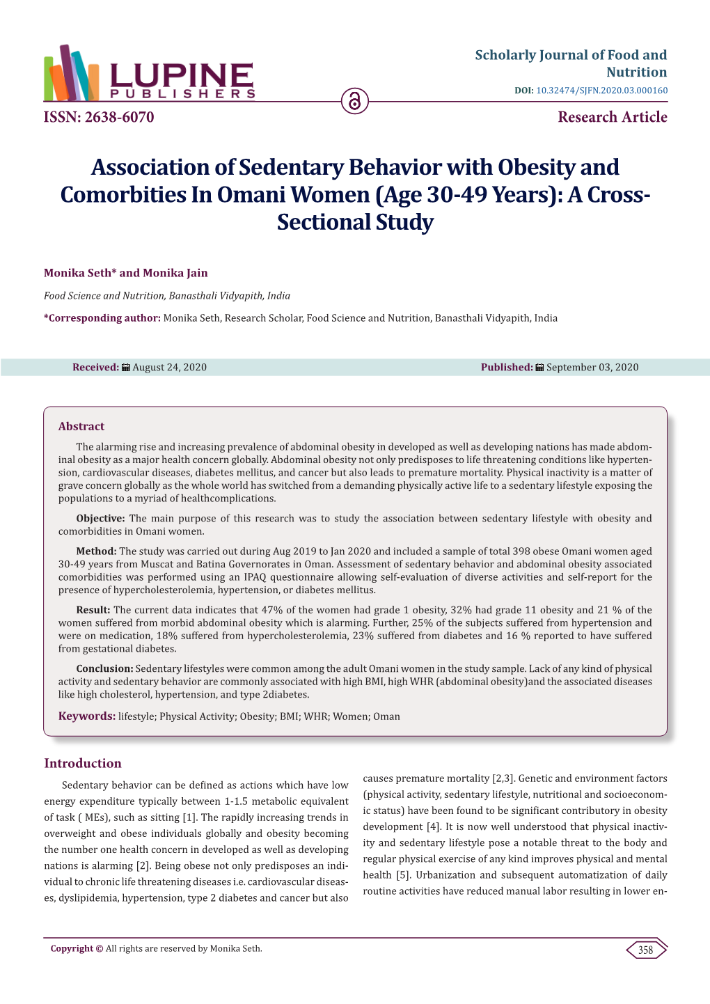 Association of Sedentary Behavior with Obesity and Comorbities in Omani Women (Age 30-49 Years): a Cross- Sectional Study