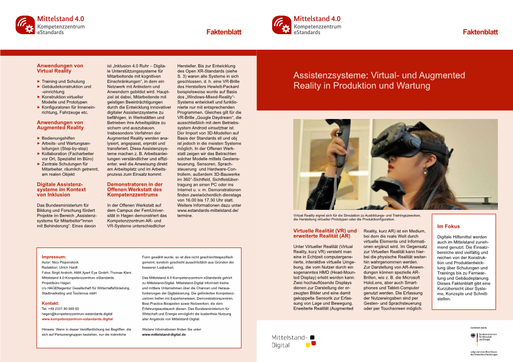Faktenblatt Assistenzsysteme: Virtual- Und Augmented Reality In