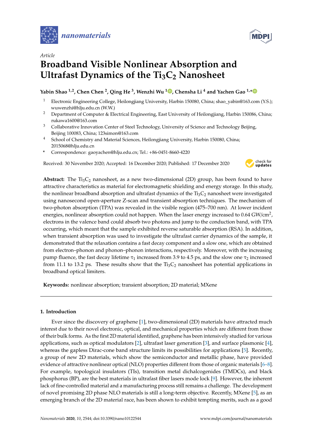 Broadband Visible Nonlinear Absorption and Ultrafast Dynamics of the Ti3c2 Nanosheet