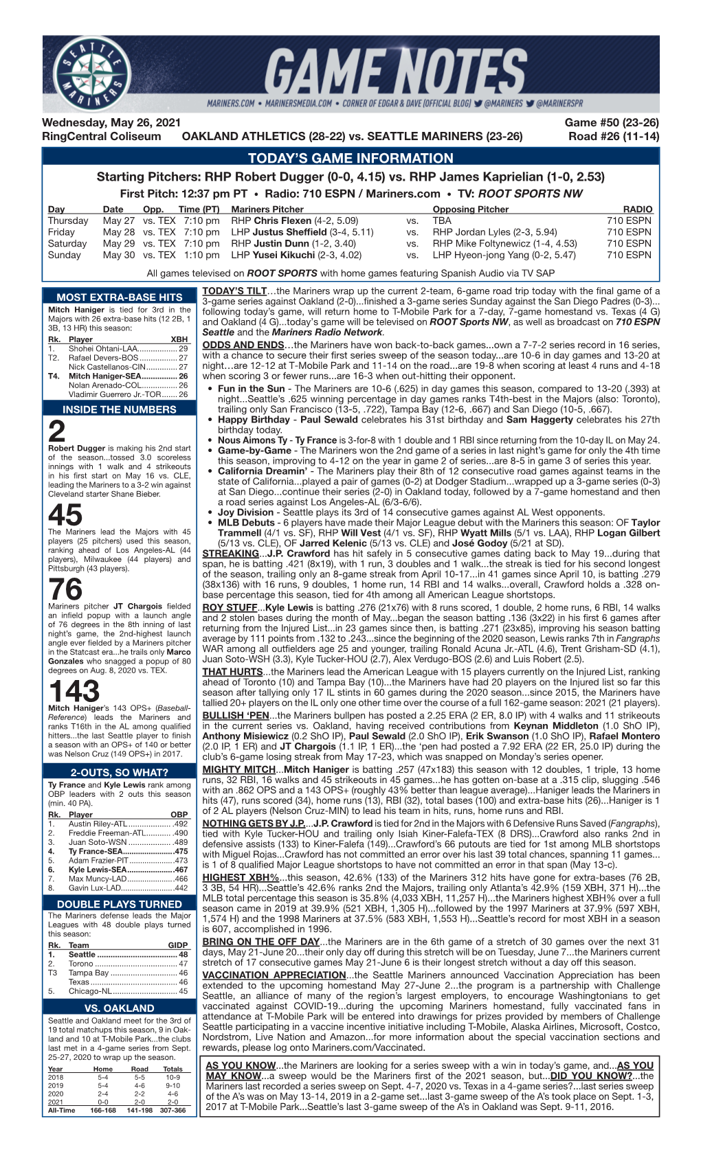 05-26-2021 Mariners Game Notes