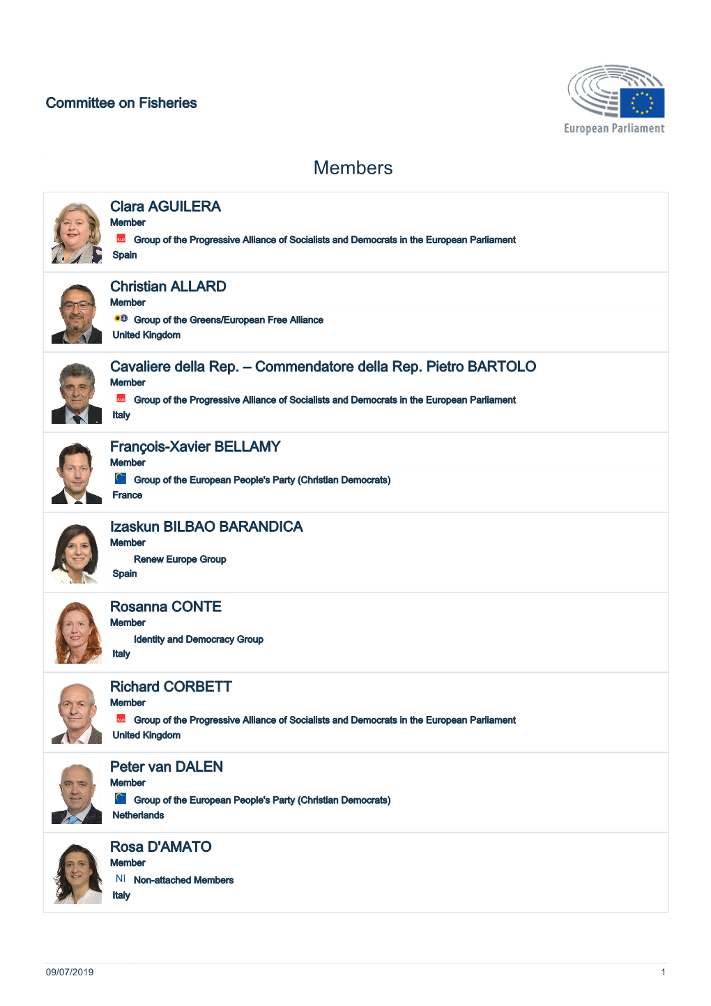 Members of the PECH Committee from July 2019