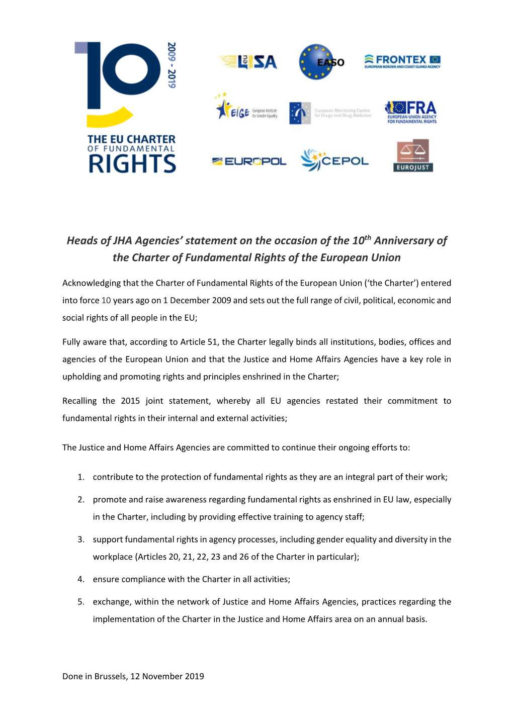 Heads of JHA Agencies' Statement on the Occasion of the 10Th