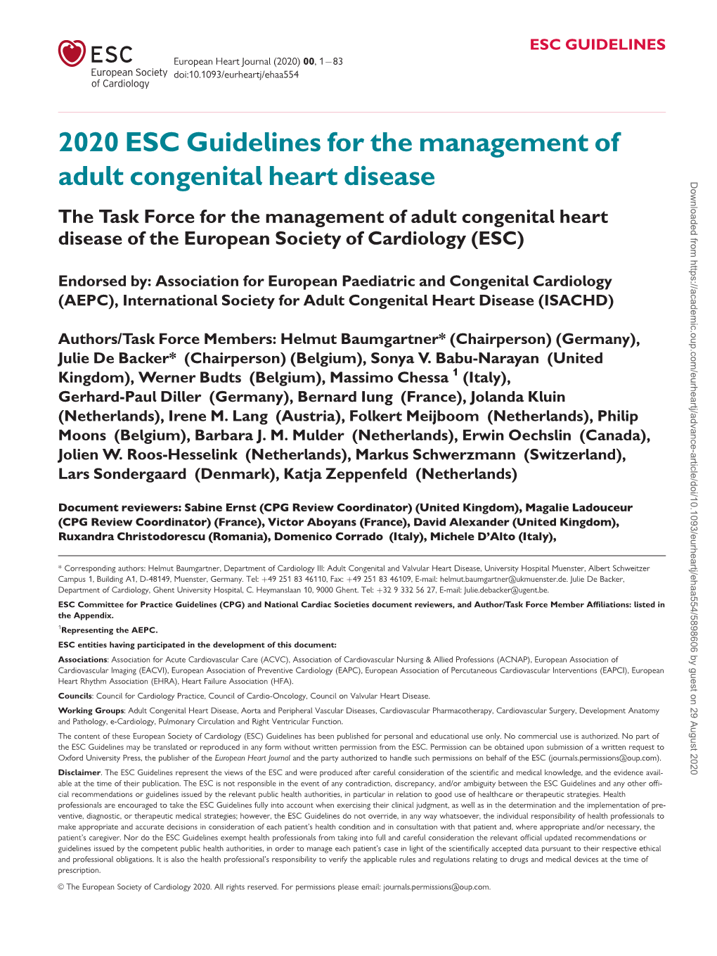 2020 ESC Guidelines for the Management of Adult Congenital