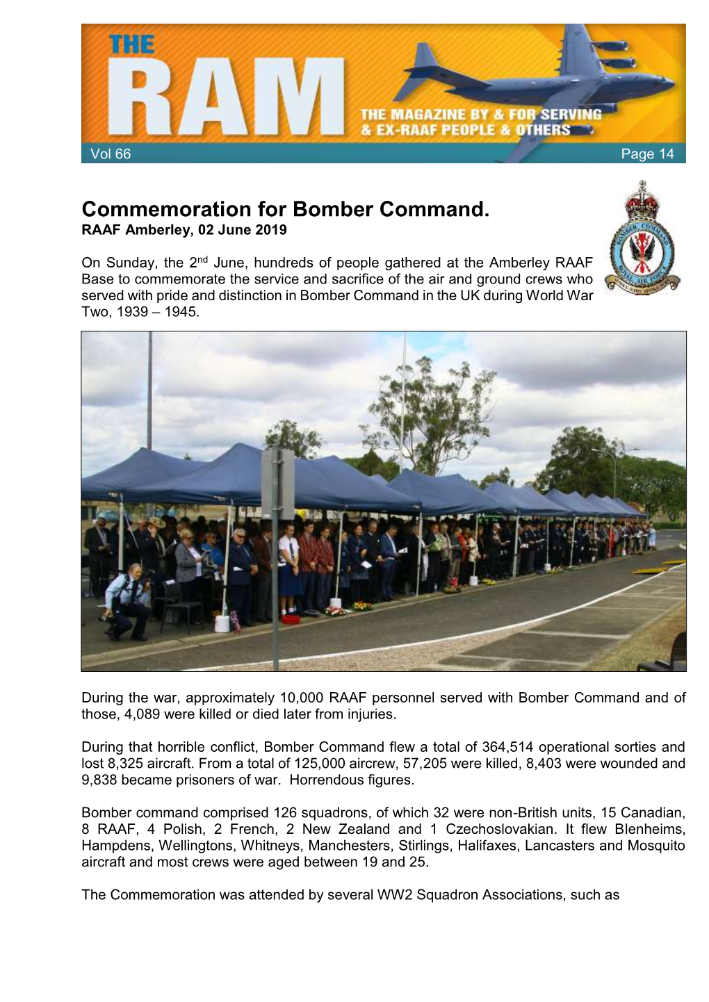Commemoration for Bomber Command. RAAF Amberley, 02 June 2019