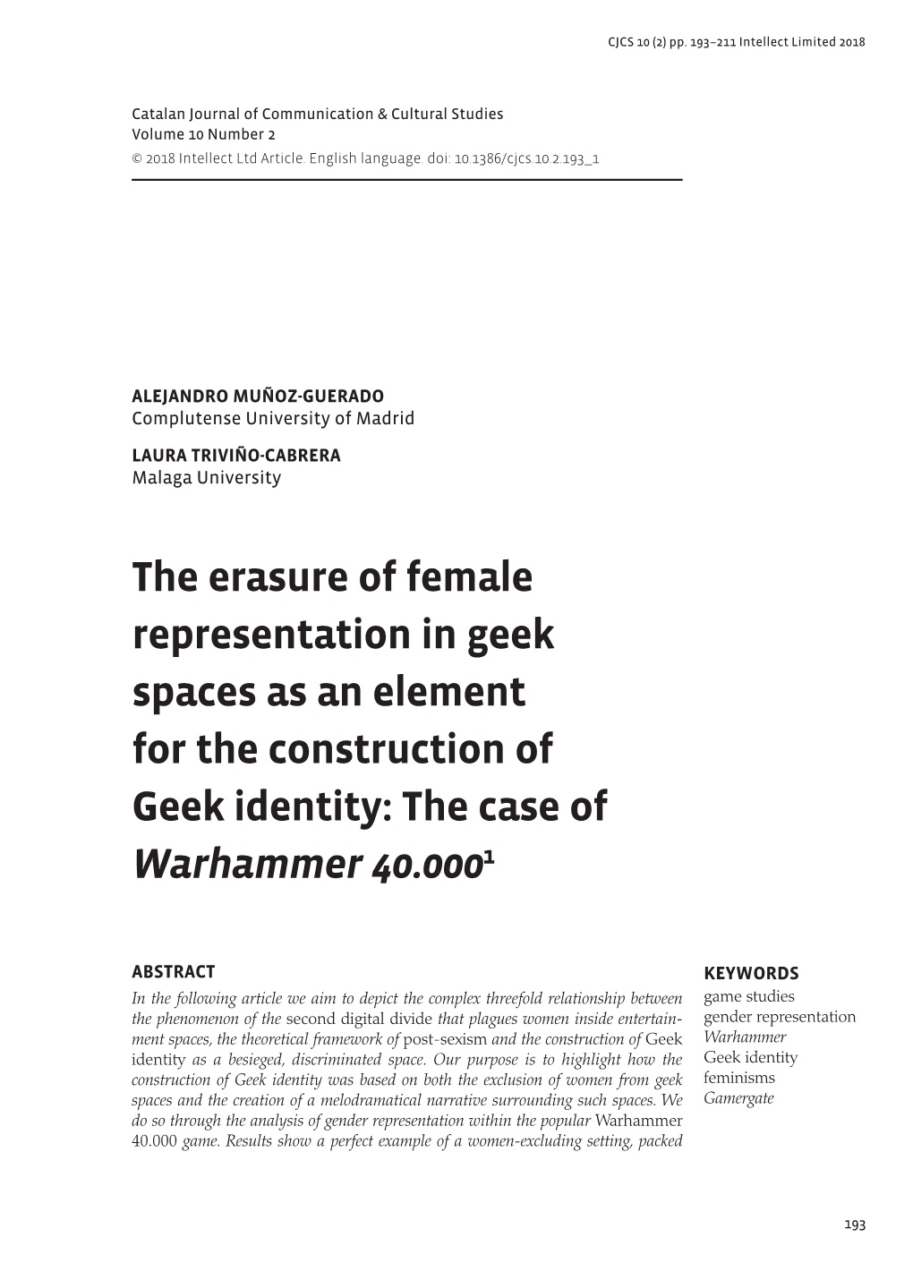 The Erasure of Female Representation in Geek Spaces As an Element for the Construction of Geek Identity: the Case of Warhammer 40.0001