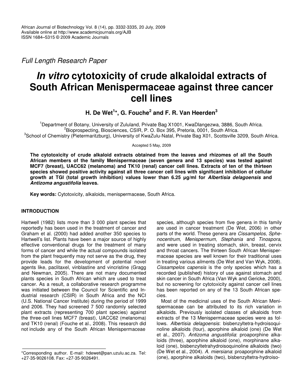 In Vitro Cytotoxicity of Crude Alkaloidal Extracts of South African Menispermaceae Against Three Cancer Cell Lines