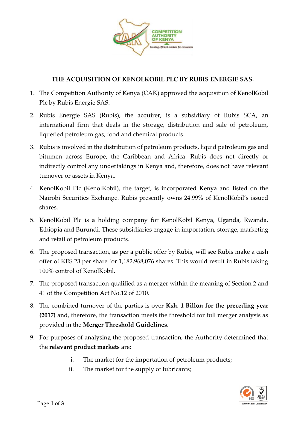 The Acquisition of Kenolkobil Plc by Rubis Energie Sas