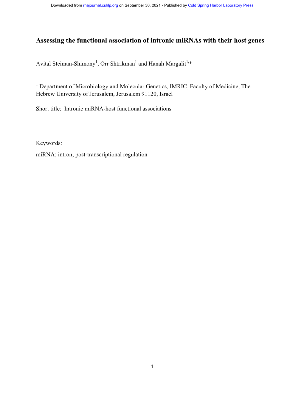 Assessing the Functional Association of Intronic Mirnas with Their Host Genes