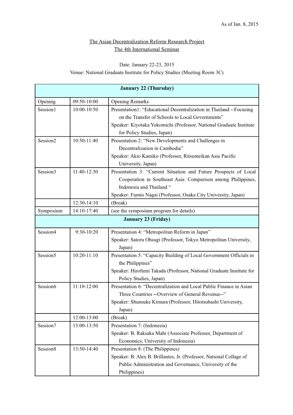 The 1St Meeting of Research Committee of Decentralization in Asian Countries