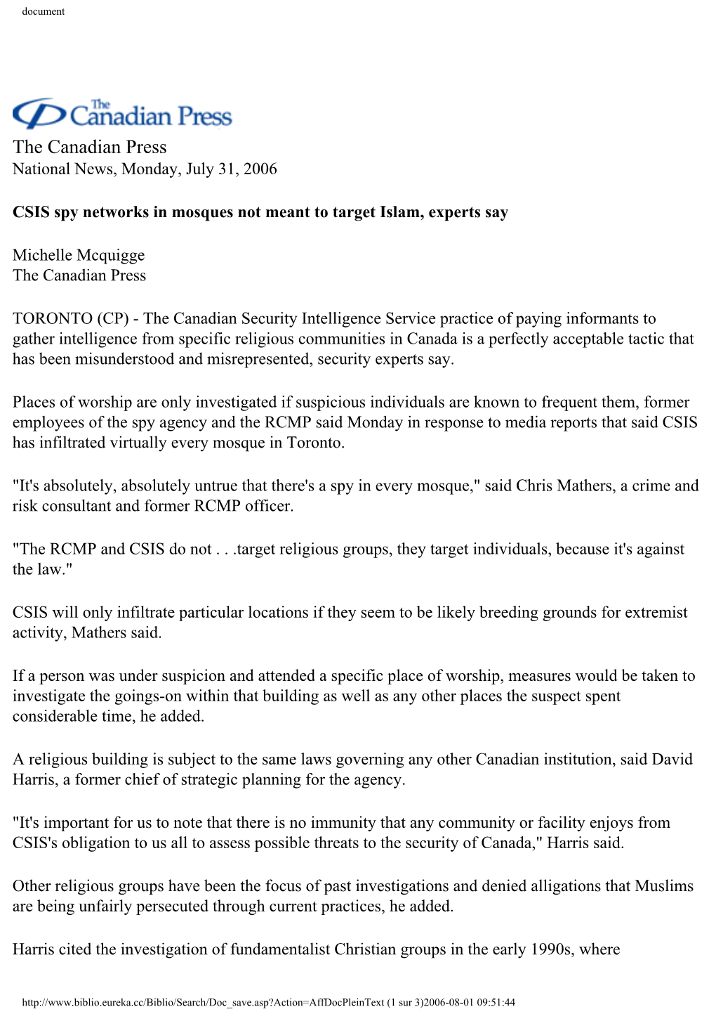 The Canadian Press National News, Monday, July 31, 2006