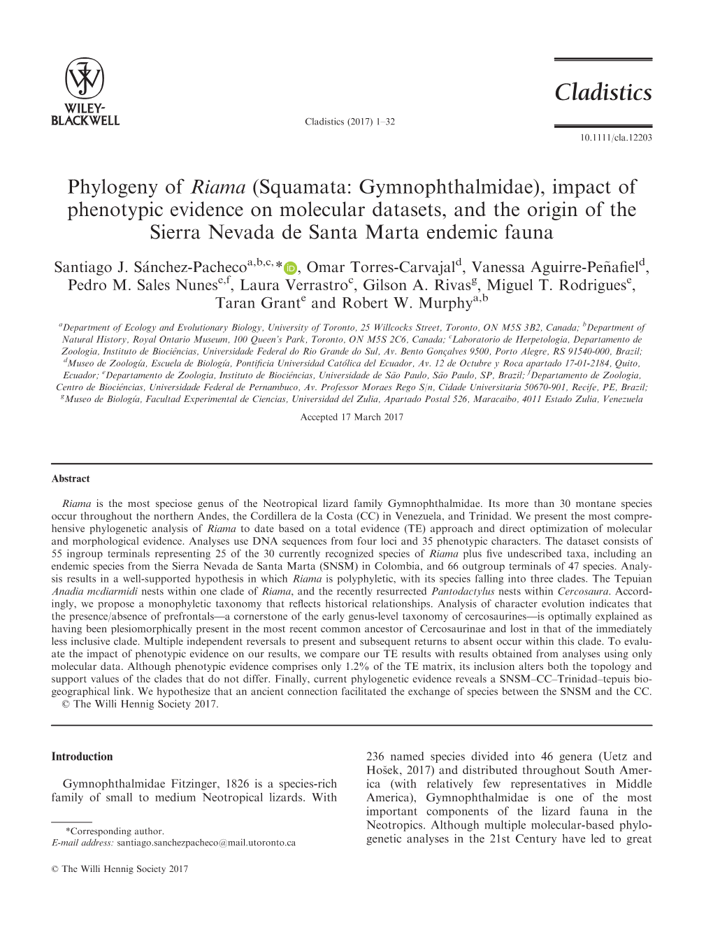 Phylogeny of Riama (Squamata: Gymnophthalmidae), Impact of Phenotypic Evidence on Molecular Datasets, and the Origin of the Sierra Nevada De Santa Marta Endemic Fauna