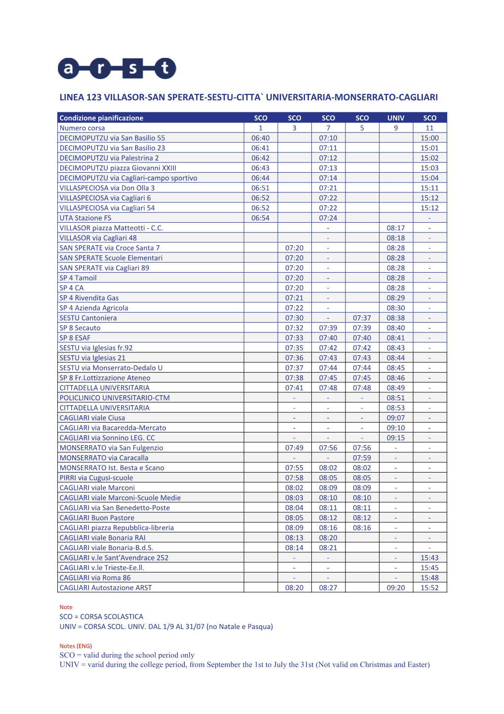 123 Villasor-San Sperate-Sestu-Citta` Universitaria-Monserrato-Cagliari