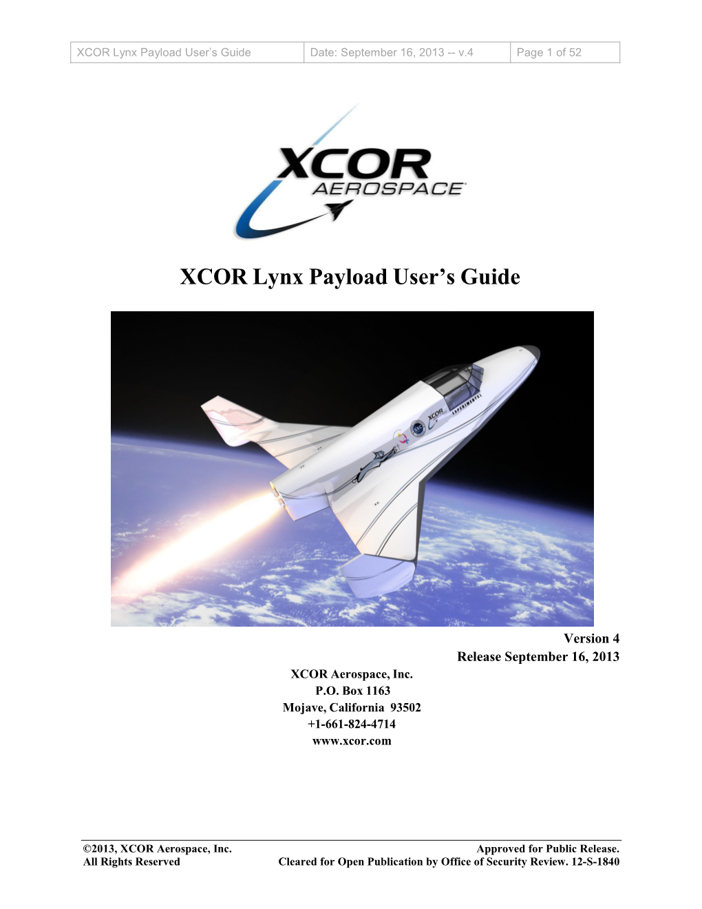 XCOR Lynx Payload User's Guide