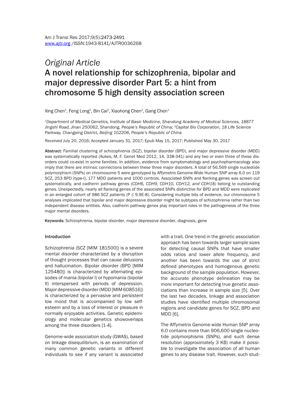 Original Article a Novel Relationship for Schizophrenia, Bipolar and Major Depressive Disorder Part 5: a Hint from Chromosome 5 High Density Association Screen