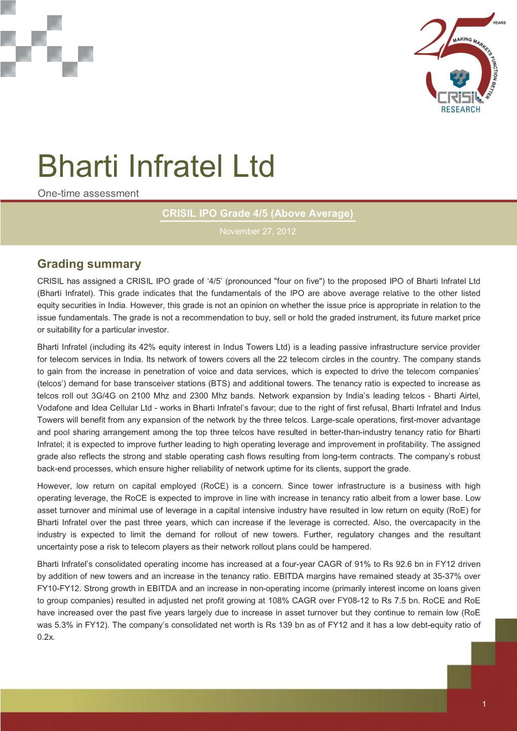 Bharti Infratel Ltd One-Time Assessment