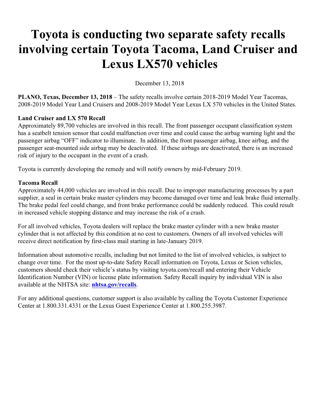 Toyota Is Conducting Two Separate Safety Recalls Involving Certain Toyota Tacoma, Land Cruiser and Lexus LX570 Vehicles