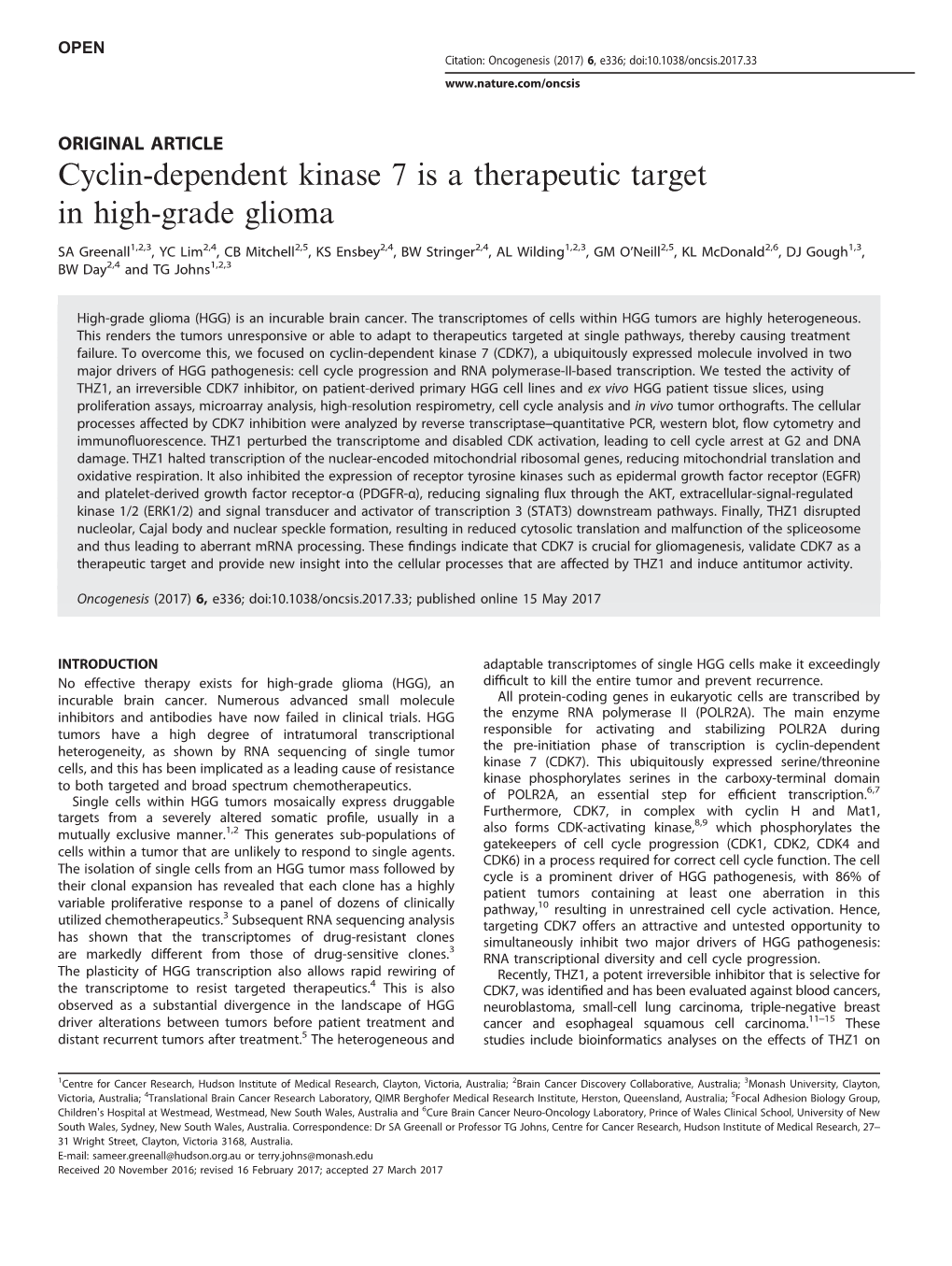 Cyclin-Dependent Kinase 7 Is a Therapeutic Target in High-Grade Glioma