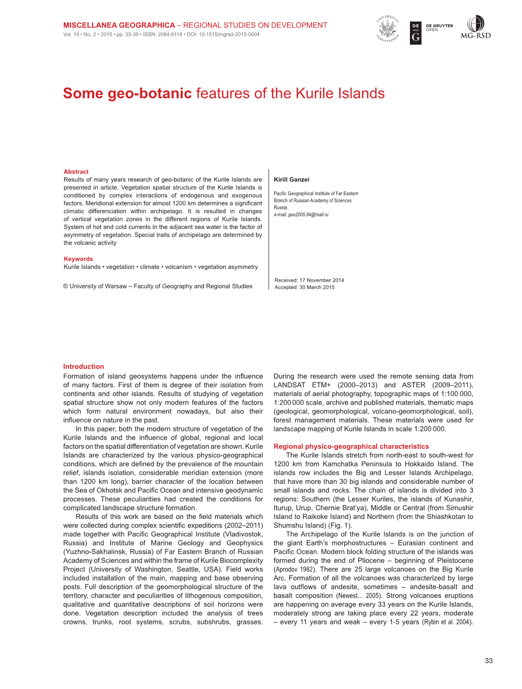 Some Geo-Botanic Features of the Kurile Islands