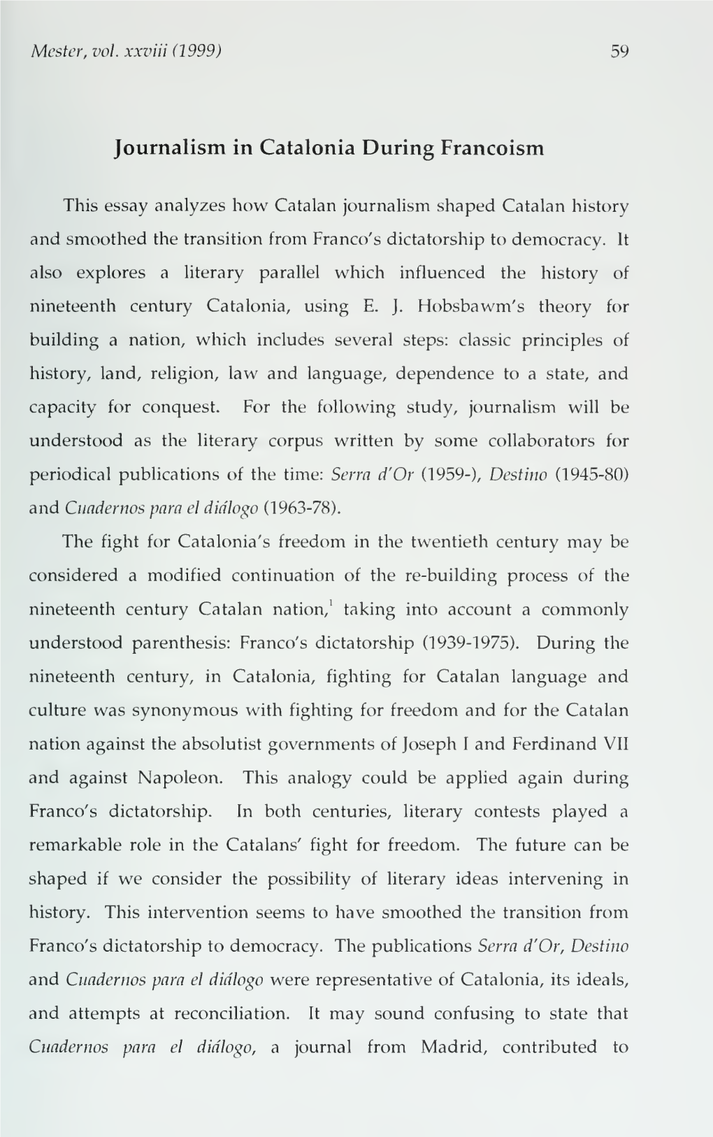 Journalism in Catalonia During Francoism Hobsbawm's Theory