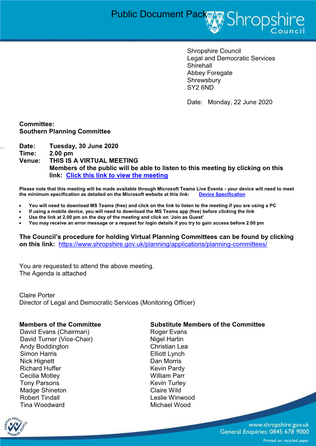 (Public Pack)Agenda Document for Southern Planning Committee, 30/06/2020 14:00