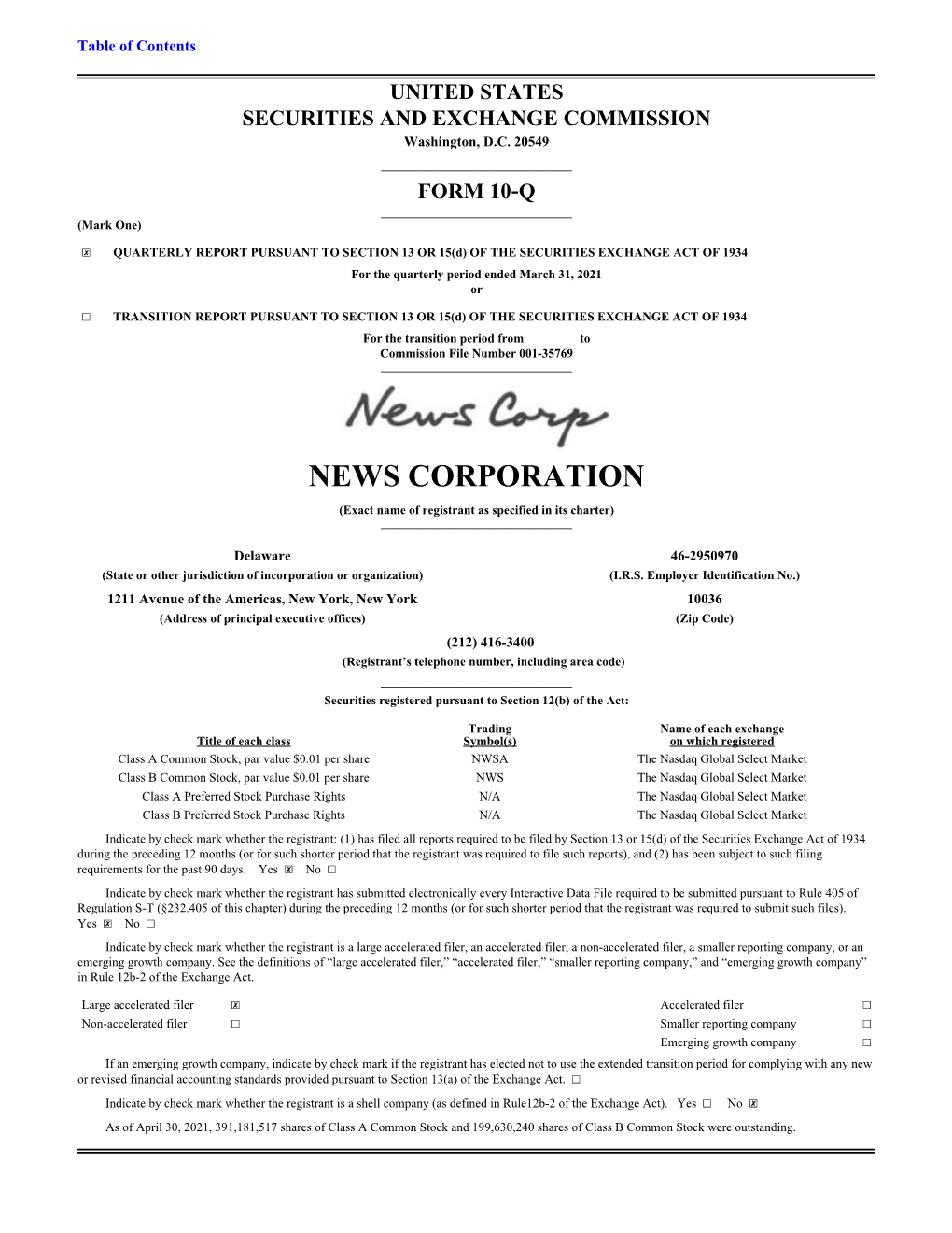 NEWS CORPORATION (Exact Name of Registrant As Specified in Its Charter) ______