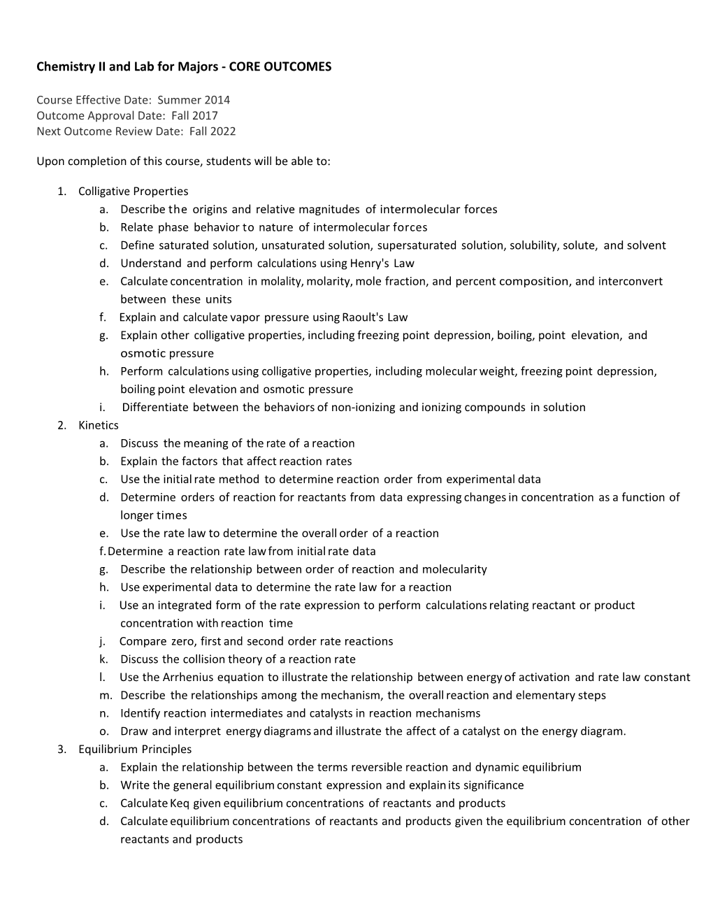 Chemistry II and Lab for Majors - CORE OUTCOMES