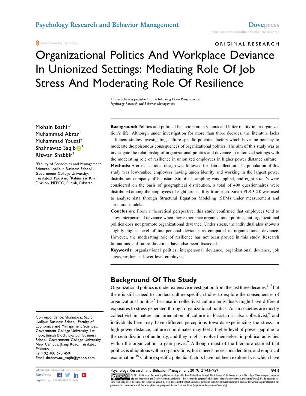 Organizational Politics and Workplace Deviance in Unionized Settings: Mediating Role of Job Stress and Moderating Role of Resilience