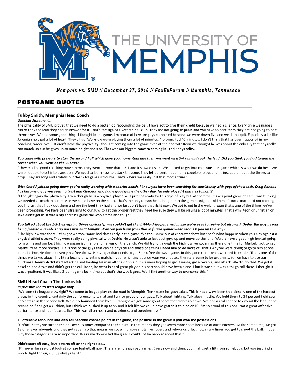 Memphis Vs. SMU // December 27, 2016 // Fedexforum // Memphis, Tennessee