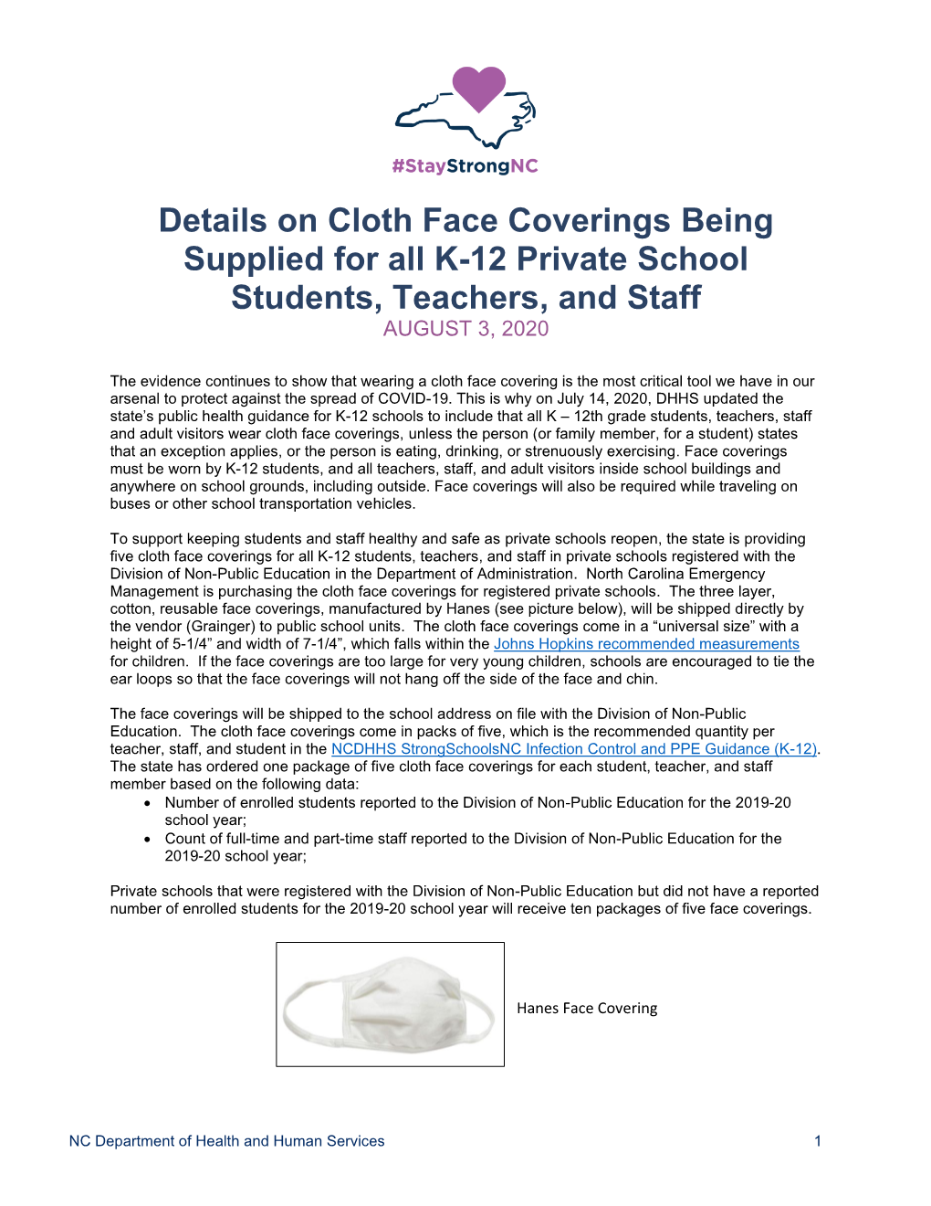 Details on Cloth Face Coverings Being Supplied for All K-12 Private School Students, Teachers, and Staff AUGUST 3, 2020