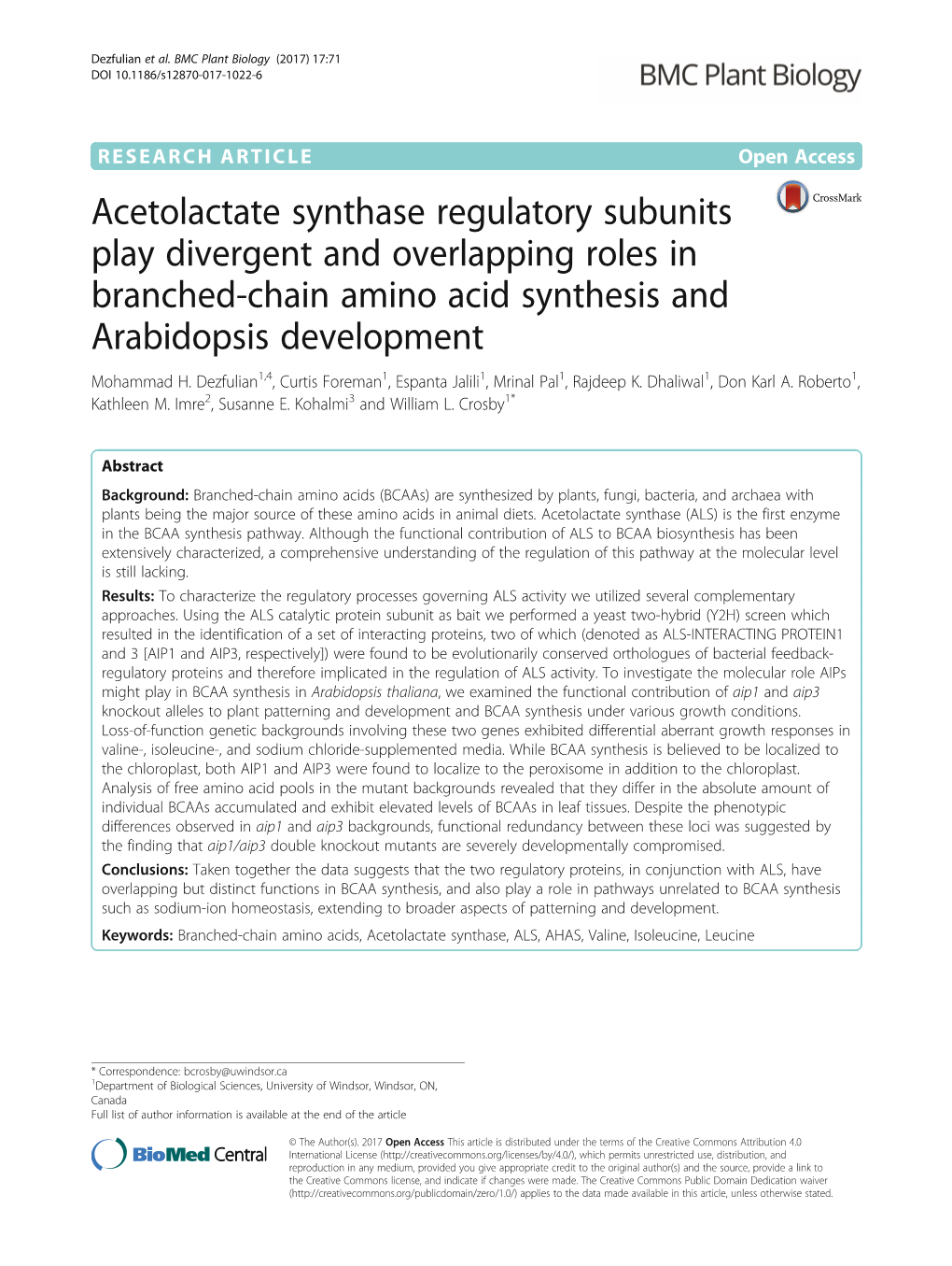 Acetolactate Synthase Regulatory Subunits Play Divergent and Overlapping Roles in Branched-Chain Amino Acid Synthesis and Arabidopsis Development Mohammad H