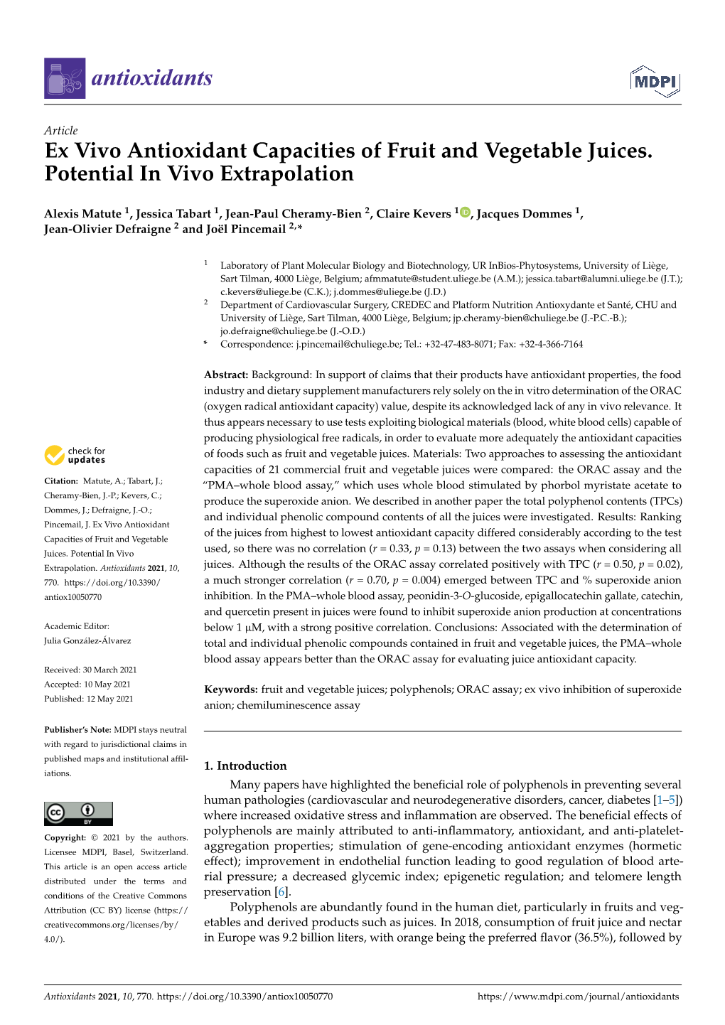 Ex Vivo Antioxidant Capacities of Fruit and Vegetable Juices. Potential in Vivo Extrapolation