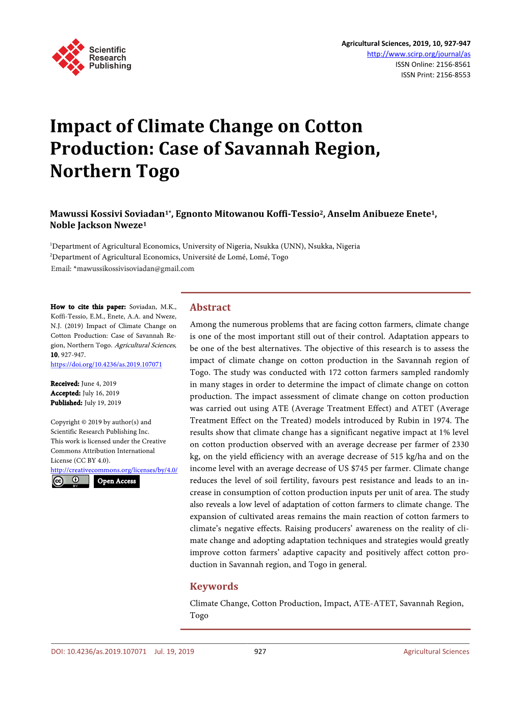 Impact of Climate Change on Cotton Production: Case of Savannah Region, Northern Togo
