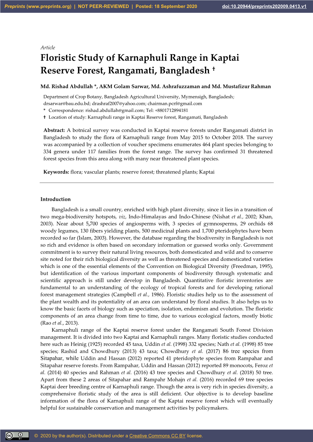 Floristic Study of Karnaphuli Range in Kaptai Reserve Forest, Rangamati, Bangladesh †