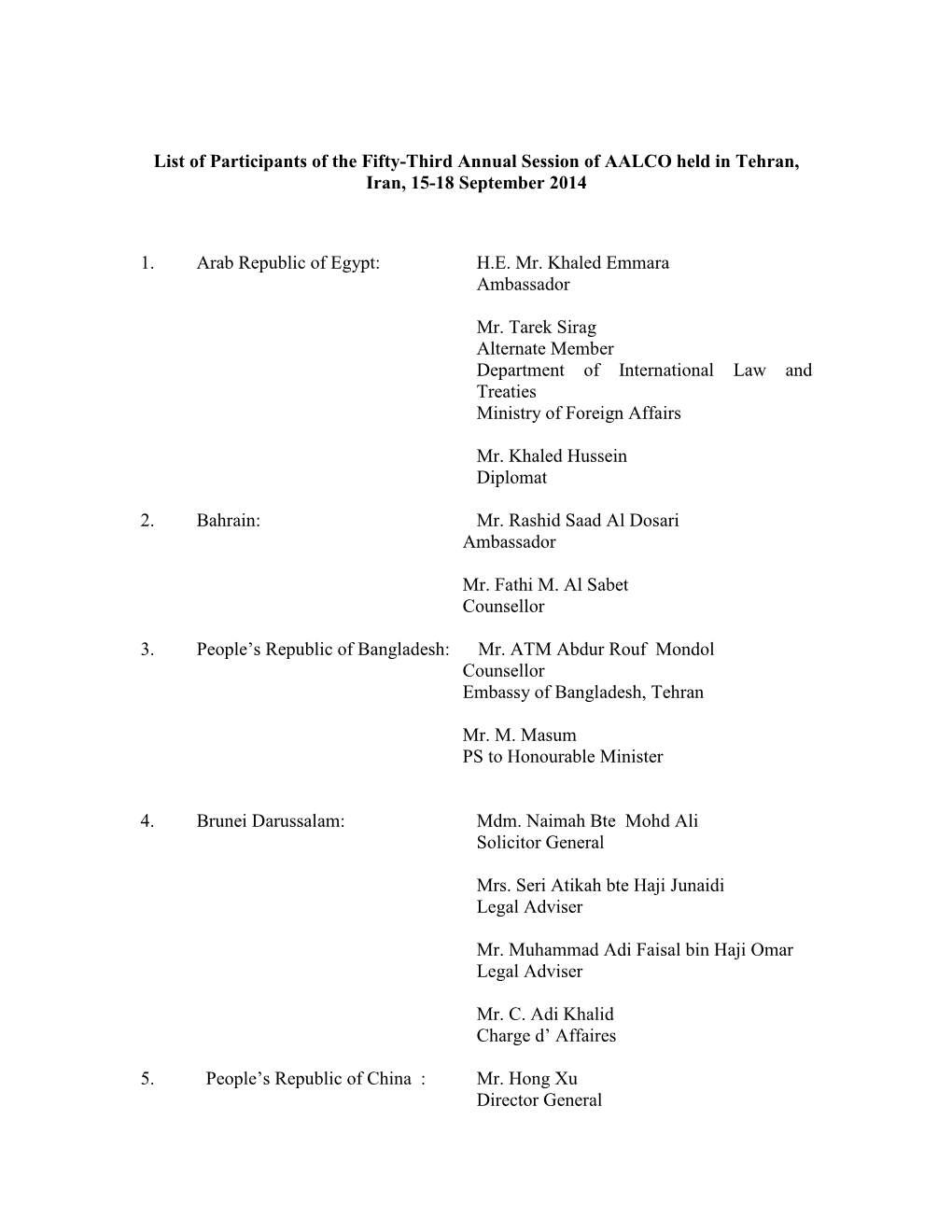 List of Participants of the Fifty-Third Annual Session of AALCO Held in Tehran, Iran, 15-18 September 2014