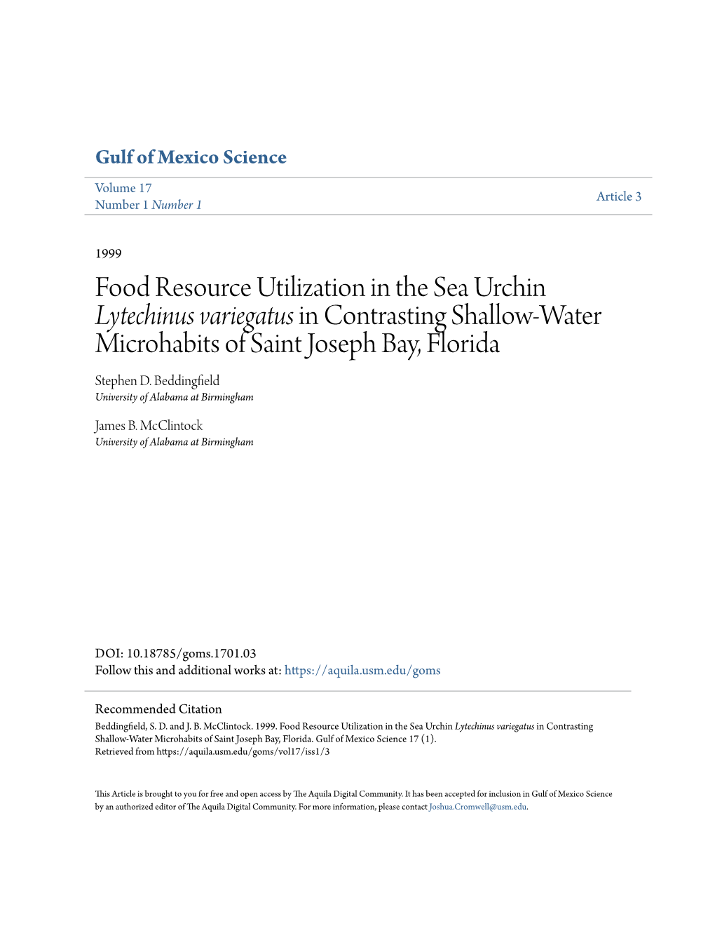 Food Resource Utilization in the Sea Urchin Lytechinus Variegatus in Contrasting Shallow-Water Microhabits of Saint Joseph Bay, Florida Stephen D