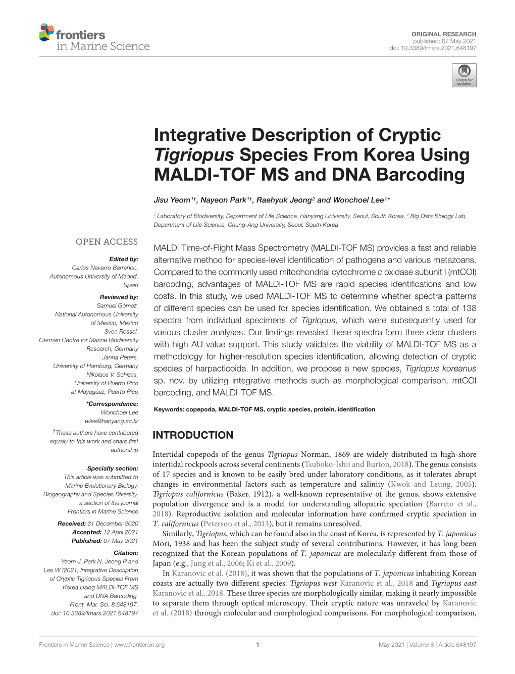 Integrative Description of Cryptic Tigriopus Species from Korea Using MALDI-TOF MS and DNA Barcoding