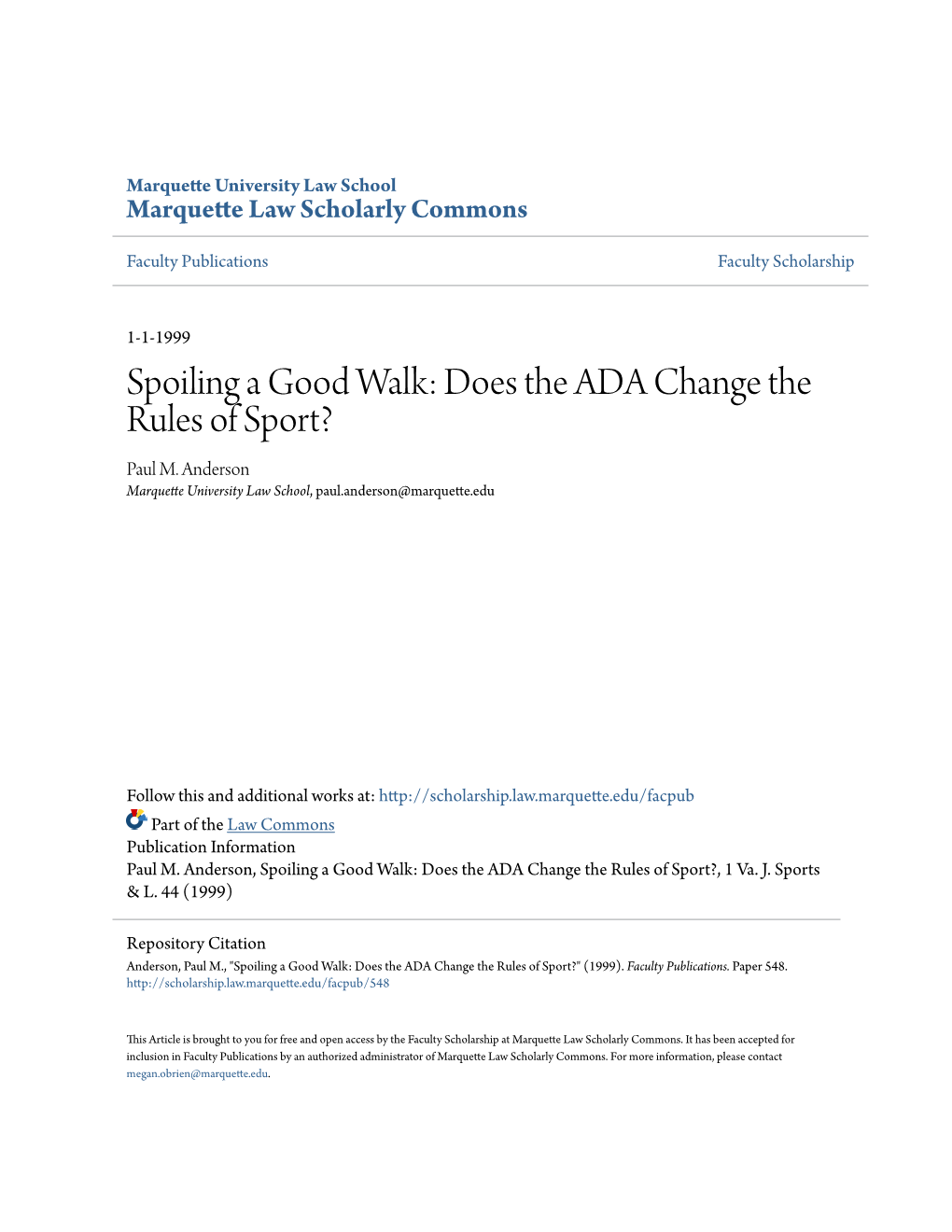 Spoiling a Good Walk: Does the ADA Change the Rules of Sport? Paul M