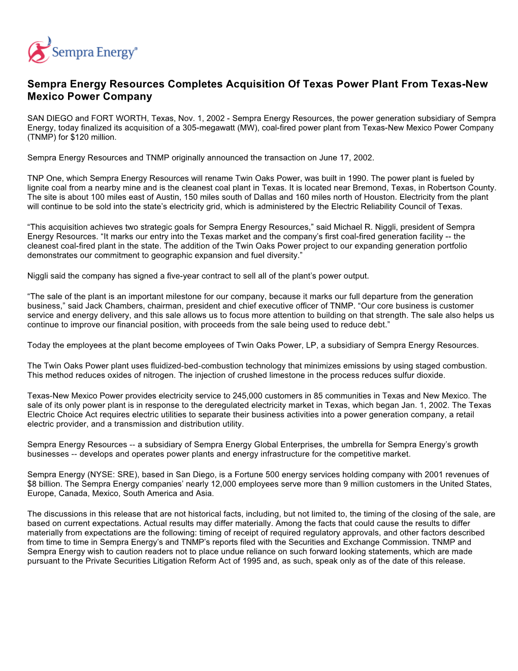 Sempra Energy Resources Completes Acquisition of Texas Power Plant from Texas-New Mexico Power Company