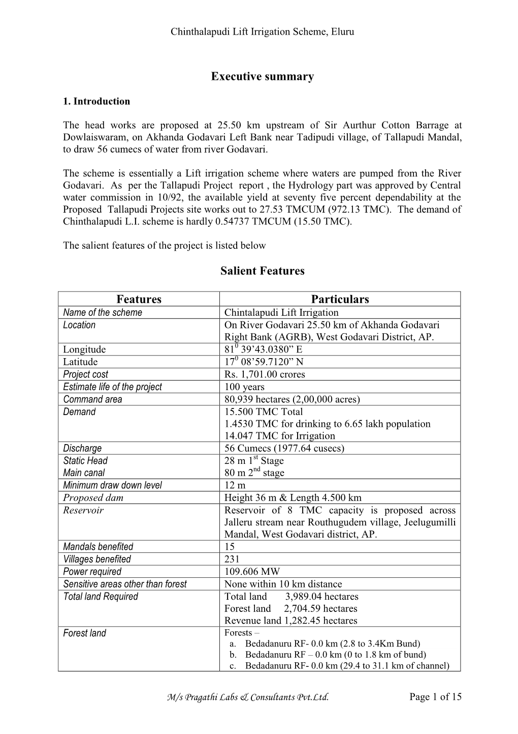 Chinthalapudi Lift Irrigation Scheme, Eluru M/S Pragathi Labs & Consultants Pvt.Ltd. Page 1 of 15